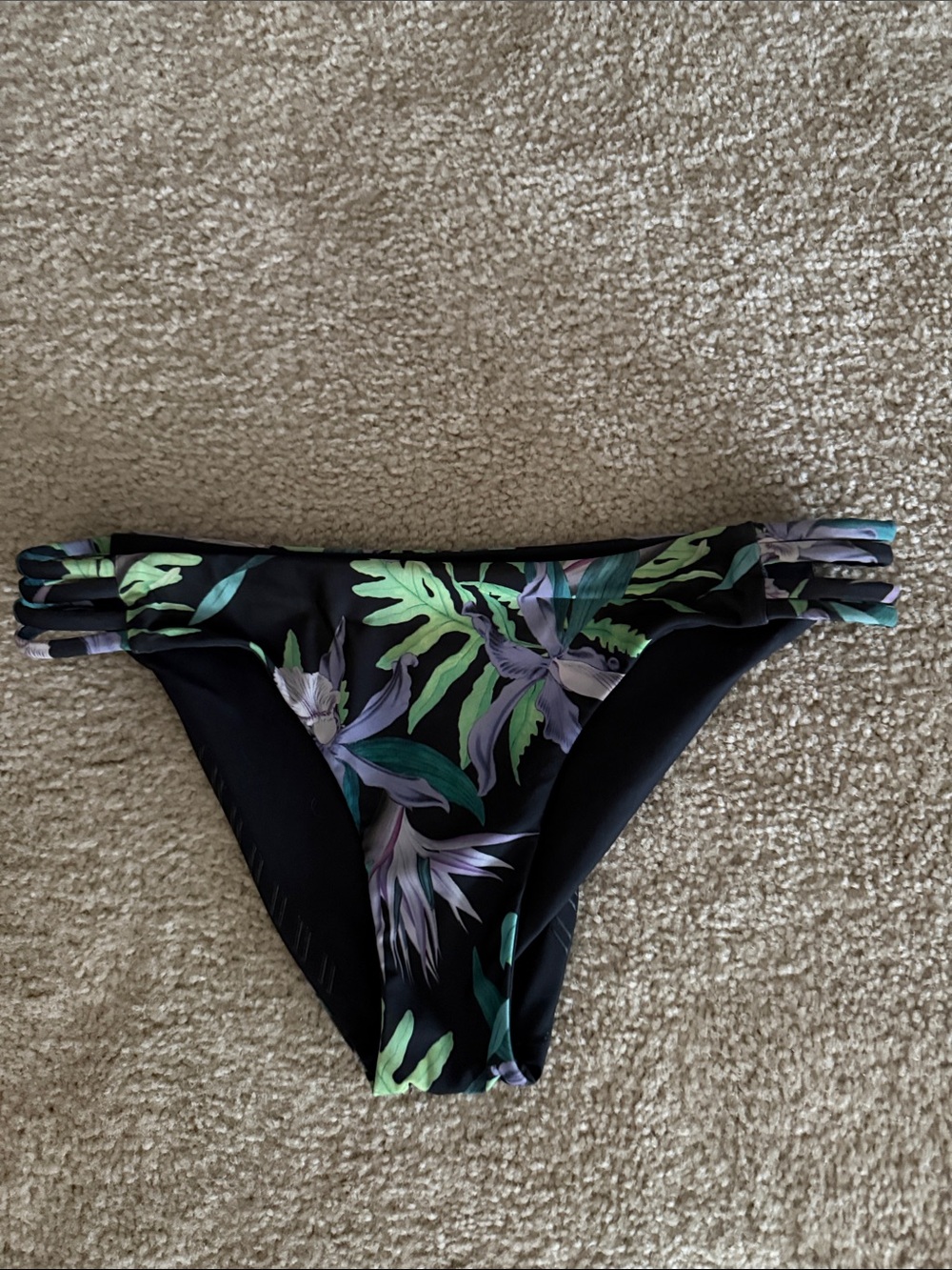 Black Tropical Print Bikini Bottom with Triple-Strap Sides